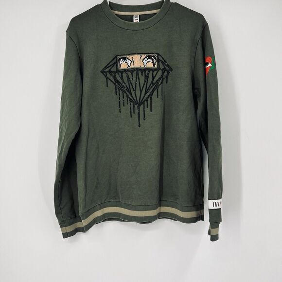 Fifth Loop Mens M Crew Neck Green Sweater Graphic Embroidery Rhinestone - Picture 1 of 14